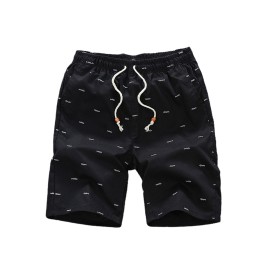 Casual Cotton Slightly Stretch Fish Bone Pattern Drawstring Shorts, Men's Cropped Pants For Summer