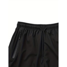 Zipper Pockets Quick Drying Comfy Active Shorts, Men's Casual Stretch Waist Drawstring Shorts For Summer