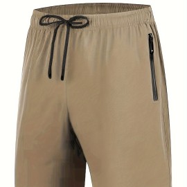 Zipper Pockets Quick Drying Comfy Active Shorts, Men's Casual Stretch Waist Drawstring Shorts For Summer