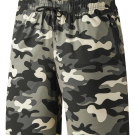 Zipper Pockets Quick Drying Comfy Active Shorts, Men's Casual Stretch Waist Drawstring Shorts For Summer