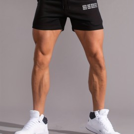 Letter Print Comfy Shorts, Men's Casual Slightly Stretch Elastic Waist Drawstring Shorts For Summer Basketball Beach Resort