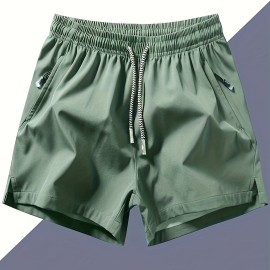 Men's Zipper Pockets Active Shorts, Casual Waist Drawstring Quick Drying Shorts