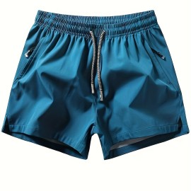 Men's Zipper Pockets Active Shorts, Casual Waist Drawstring Quick Drying Shorts