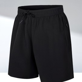 Men's Breathable Solid Quick Dry Shorts With Side Pockets, Summer Drawstring Elastic Waist Loose Fit Shorts For Running, Fitness, Training