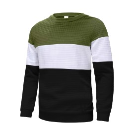 Three Color Block  Trendy Sweatshirt, Men's Casual Classic Design Crew Neck Pullover Sweatshirt For Men Fall Winter