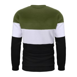 Three Color Block  Trendy Sweatshirt, Men's Casual Classic Design Crew Neck Pullover Sweatshirt For Men Fall Winter