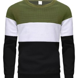 Three Color Block  Trendy Sweatshirt, Men's Casual Classic Design Crew Neck Pullover Sweatshirt For Men Fall Winter