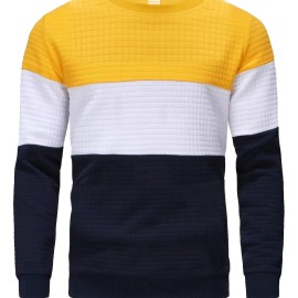 Three Color Block  Trendy Sweatshirt, Men's Casual Classic Design Crew Neck Pullover Sweatshirt For Men Fall Winter