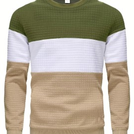Three Color Block  Trendy Sweatshirt, Men's Casual Classic Design Crew Neck Pullover Sweatshirt For Men Fall Winter