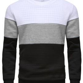 Three Color Block  Trendy Sweatshirt, Men's Casual Classic Design Crew Neck Pullover Sweatshirt For Men Fall Winter