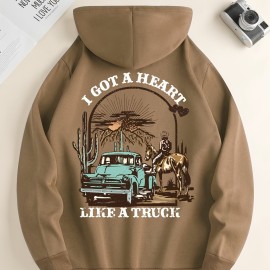 I Got A Heart Like A Truck Cowboy Riding Horse Print Men's Cool Streetwear Hoodies, Casual Loose Hooded Pullover With Kangaroo Pockets, Crew Neck Sweatshirt For Men For Fall And Winter, As Gifts