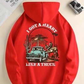 I Got A Heart Like A Truck Cowboy Riding Horse Print Men's Cool Streetwear Hoodies, Casual Loose Hooded Pullover With Kangaroo Pockets, Crew Neck Sweatshirt For Men For Fall And Winter, As Gifts