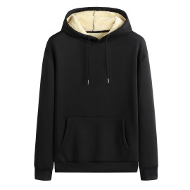 Cool Fleece Hoodies For Men, Men's Casual Solid Design Pullover Hooded Sweatshirt With Kangaroo Pocket Streetwear For Winter Fall, As Gifts