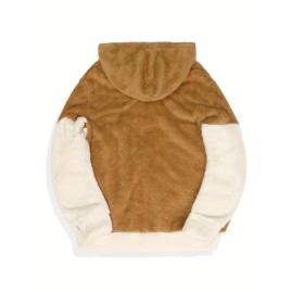 Cool Fluffy Thermal Hoodies For Men, Men's Casual Color Block Polar Fleece Pullover Hooded Sweatshirt With Kangaroo Pocket Streetwear For Winter Fall, As Gifts