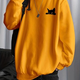 Balck Cat Print Sweatshirt, Men's Casual Graphic Design Slightly Stretch Crew Neck Pullover Sweatshirt For Spring Fall