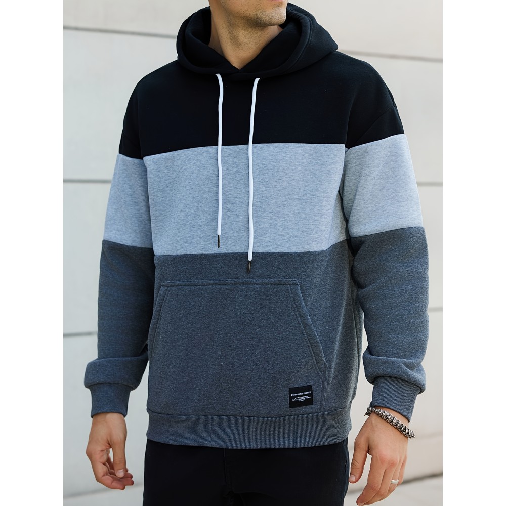 Cool Color Block Hoodies For Men, Men's Casual Design Hooded Sweatshirt With Kangaroo Pocket Streetwear For Winter Fall, As Gifts