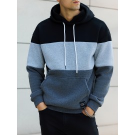Cool Color Block Hoodies For Men, Men's Casual Design Hooded Sweatshirt With Kangaroo Pocket Streetwear For Winter Fall, As Gifts