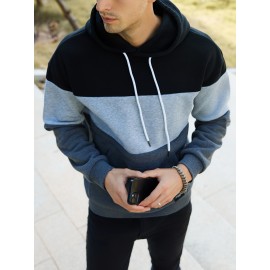 Cool Color Block Hoodies For Men, Men's Casual Design Hooded Sweatshirt With Kangaroo Pocket Streetwear For Winter Fall, As Gifts