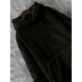 Coral Fleece Solid Color Hoodies For Men, Warm Hoodie With Kangaroo Pocket, Comfy Loose Trendy Hooded Pullover, Men's Clothing For Autumn Winter