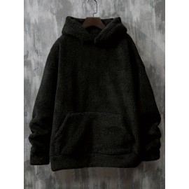 Coral Fleece Solid Color Hoodies For Men, Warm Hoodie With Kangaroo Pocket, Comfy Loose Trendy Hooded Pullover, Men's Clothing For Autumn Winter