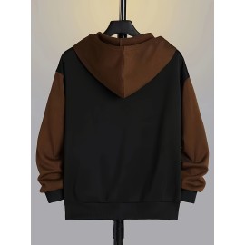 Color Block Men's All-match Hooded Sweatshirt, Men's Sports Zip Up Outwear With Pockets, Spring Fall