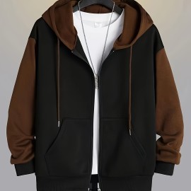 Color Block Men's All-match Hooded Sweatshirt, Men's Sports Zip Up Outwear With Pockets, Spring Fall
