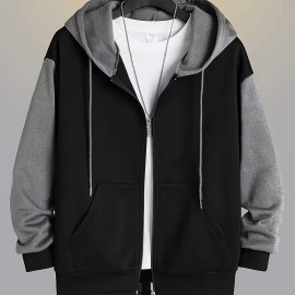 Color Block Men's All-match Hooded Sweatshirt, Men's Sports Zip Up Outwear With Pockets, Spring Fall