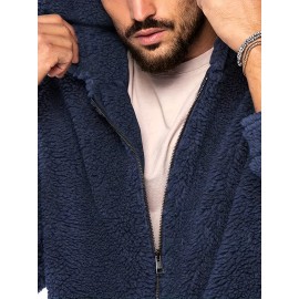 Cool Fluffy Solid For Men, Men's Casual   Polar Fleece Pullover Hooded Sweatshirt With Zipper Streetwear For Winter Fall, As Gifts