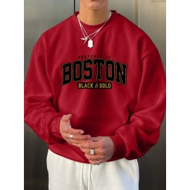 BOSTON Print Fashionable Men's Casual Long Sleeve Crew Neck Pullover Sweatshirt,Suitable For Outdoor Sports,For Autumn Spring,Can Be Paired With Hip-hop Necklace,As Gifts