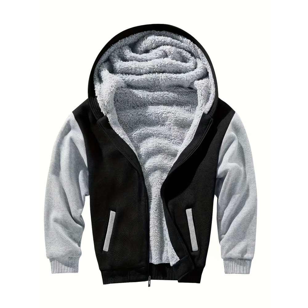 Color Block Sherpa Lined Men's Hooded Jacket Casual Long Sleeve Hoodies With Zipper Gym Sports Hooded Coat For Winter Fall