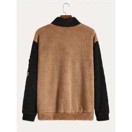 Men's Color Block Fuzzy Bear Pattern Sweatshirt, Half Zip Stand Collar Warm Pullover For Autumn Winter