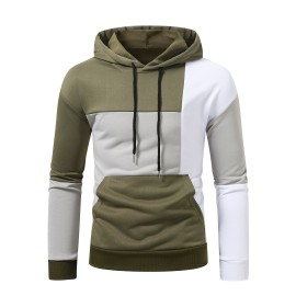 Patchwork Color Block Hoodie With Kangaroo Pocket, Men's Casual Solid Color Slightly Stretch Drawstring Pullover Hooded Sweatshirt For Spring Fall
