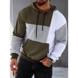 Patchwork Color Block Hoodie With Kangaroo Pocket, Men's Casual Solid Color Slightly Stretch Drawstring Pullover Hooded Sweatshirt For Spring Fall