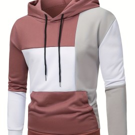 Patchwork Color Block Hoodie With Kangaroo Pocket, Men's Casual Solid Color Slightly Stretch Drawstring Pullover Hooded Sweatshirt For Spring Fall