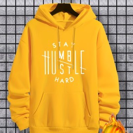 Stay Humble & Hustle Print Hoodie, Cool Hoodies For Men, Men's Casual Graphic Design Pullover Hooded Sweatshirt With Kangaroo Pocket Streetwear For Winter Fall, As Gifts