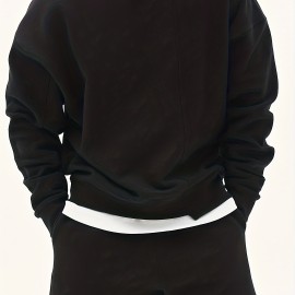 Men's Trendy Solid Sweatshirt, Casual Cotton Slightly Stretch Breathable Long Sleeve Loose Top For Outdoor