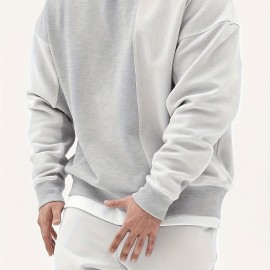 Men's Trendy Solid Sweatshirt, Casual Cotton Slightly Stretch Breathable Long Sleeve Loose Top For Outdoor
