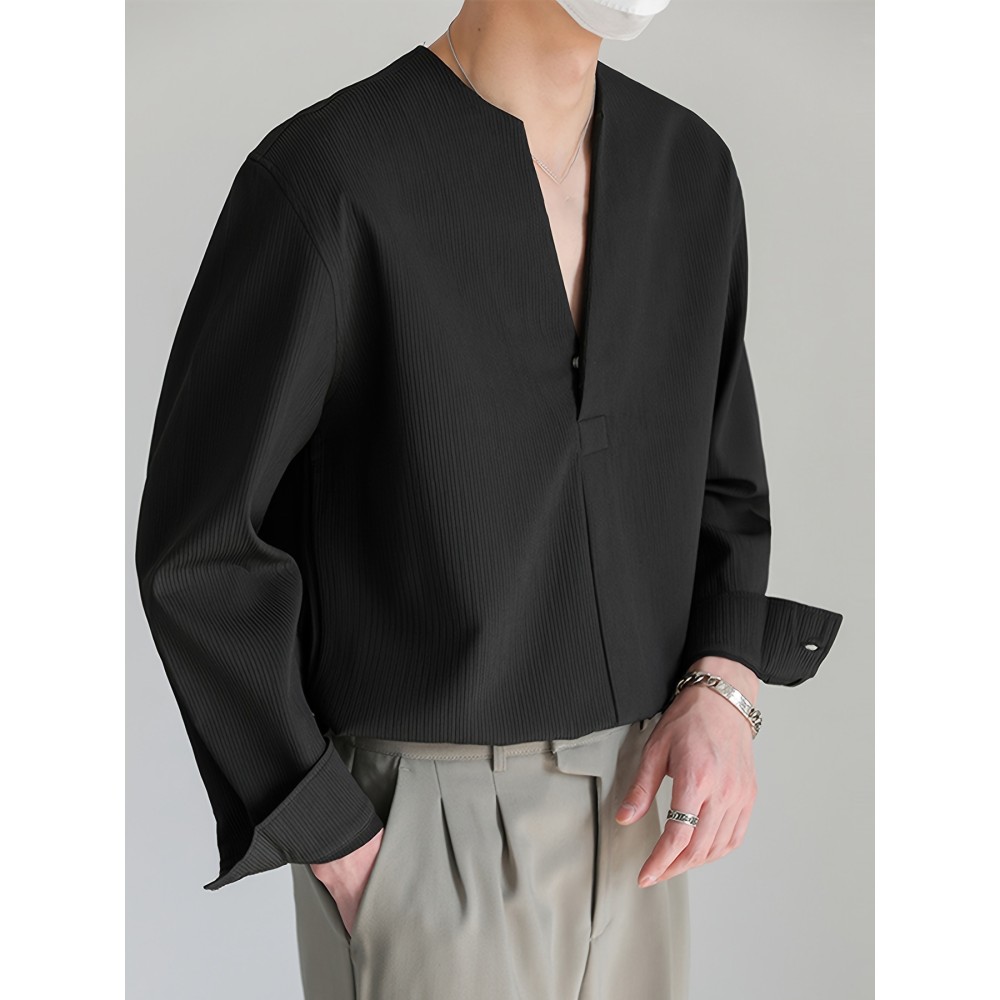 Men's Shirt Top V Neck Loose Long Sleeve Closure Male Casual Shirt For Men Daily Vacation Streetwear - Image 2