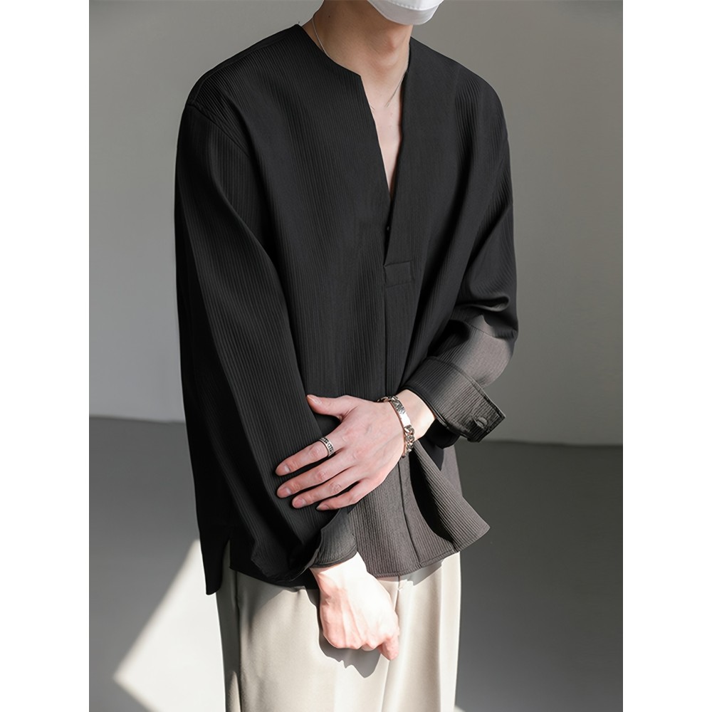 Men's Shirt Top V Neck Loose Long Sleeve Closure Male Casual Shirt For Men Daily Vacation Streetwear - Image 3