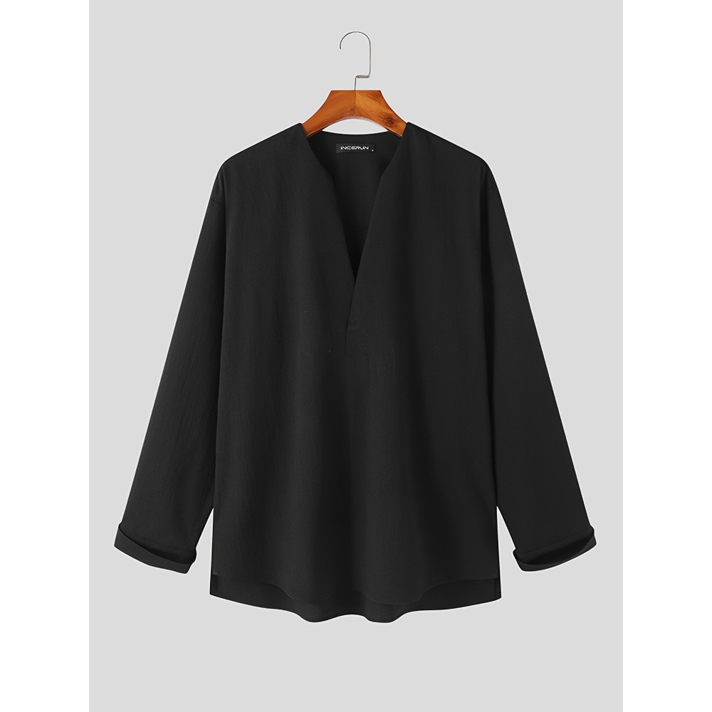 Men's Shirt Top V Neck Loose Long Sleeve Closure Male Casual Shirt For Men Daily Vacation Streetwear - Image 4