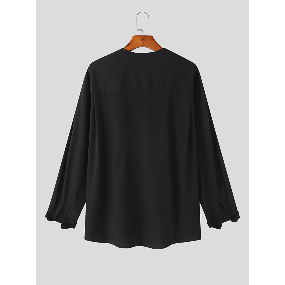 Men's Shirt Top V Neck Loose Long Sleeve Closure Male Casual Shirt For Men Daily Vacation Streetwear - Image 5