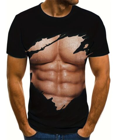 Muscle 3D Creative Print, Men's Fashion Crew Neck Summer T-shirt, Special Gift For Men