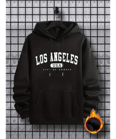 Los Angeles Print Hoodie, Cool Hoodies For Men, Men's Casual Graphic Design Pullover Hooded Sweatshirt With Kangaroo Pocket Streetwear For Winter Fall, As Gifts