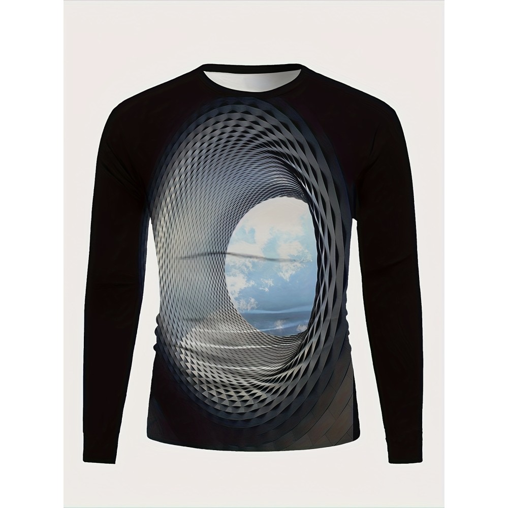 3D Geometric Print Men's Trendy Graphic Long Sleeve Fit T-shirt, Spring Fall - Image 3